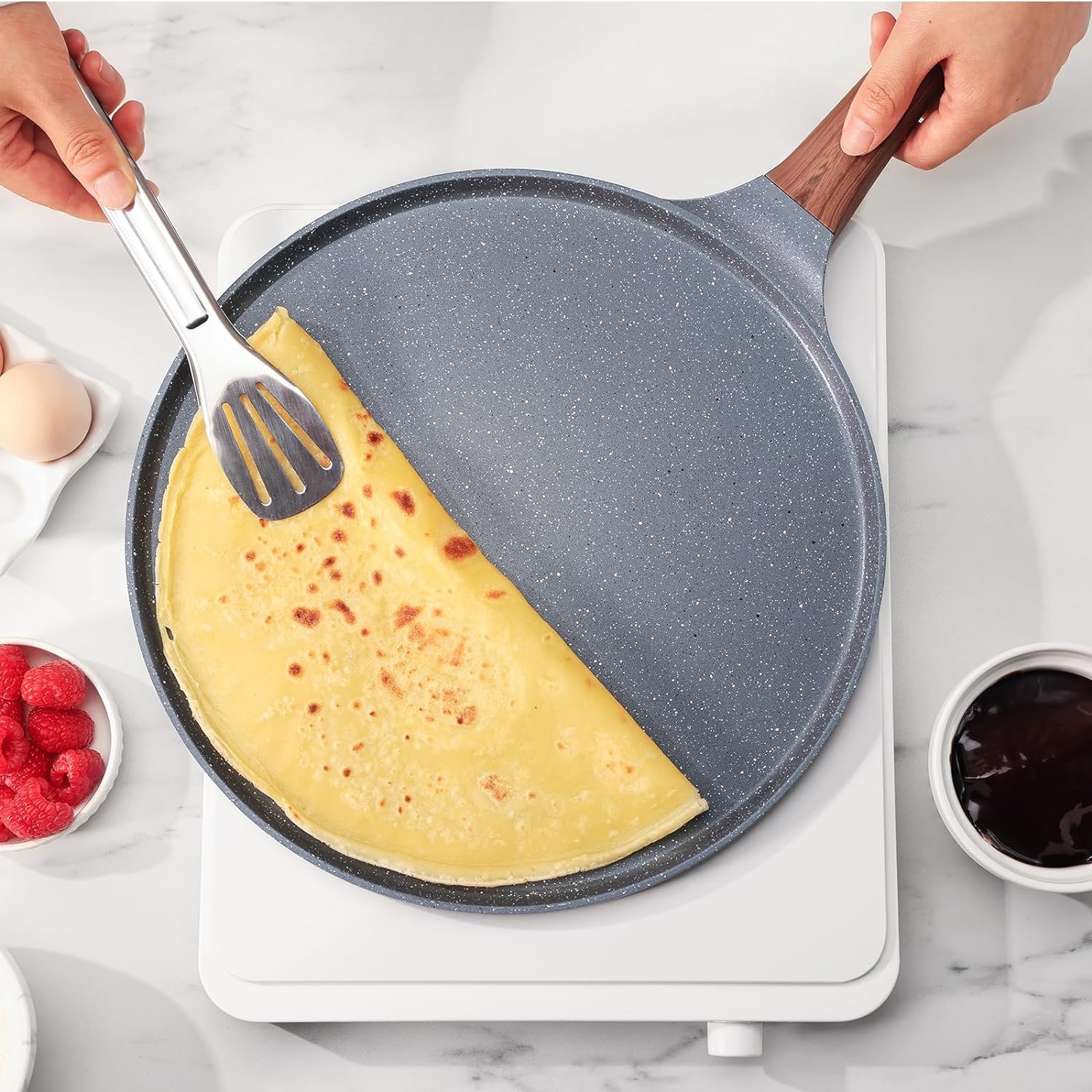 Crepe Pan, Pancake Pan, Dosa Tawa Pan Nonstick Flat Griddle Frying Skillet  Pan with Granite Coating & Solid Wood Handle for Omelette, Tortillas,  Induction Compatible, 10 Inch 