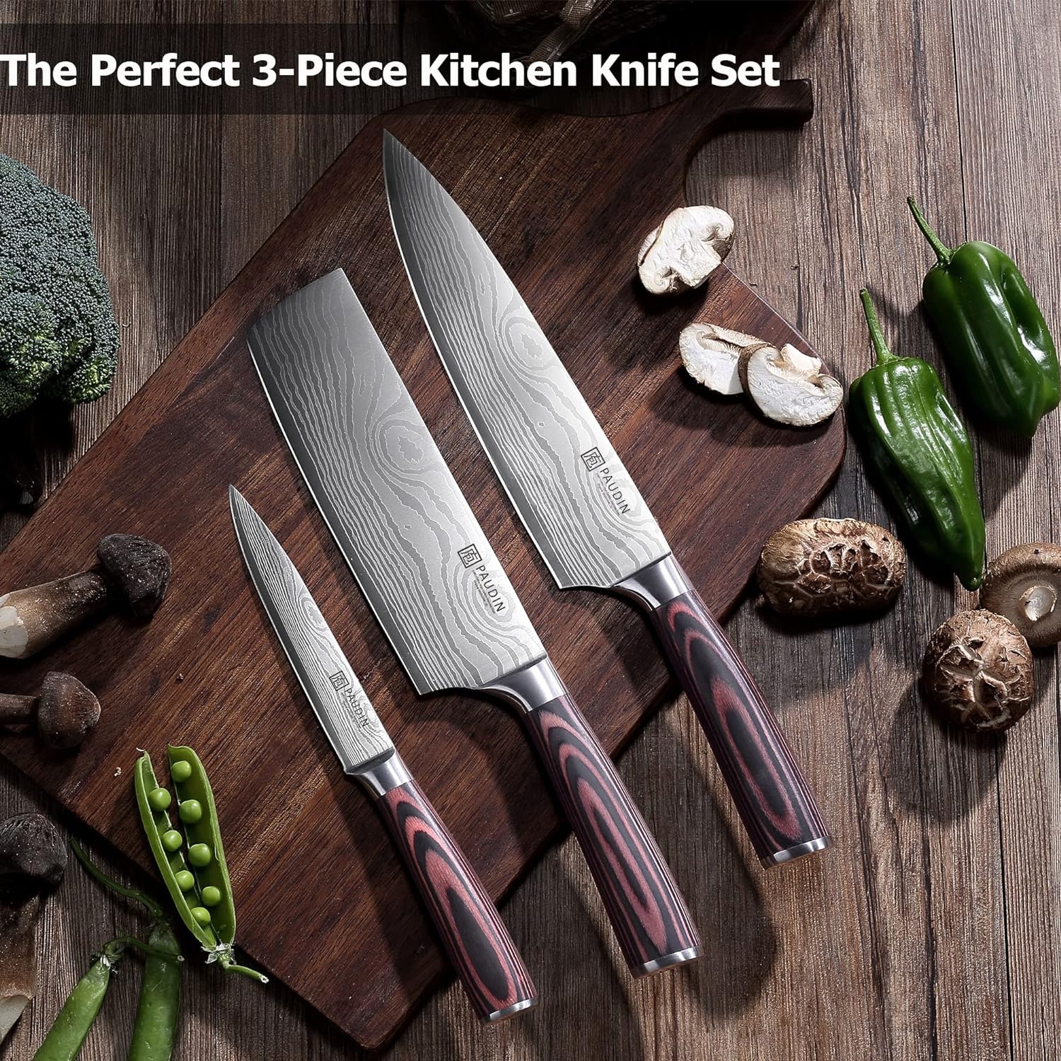 PAUDIN 3 Piece Kitchen Knife Set, German High Carbon Stainless