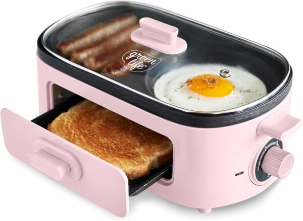 GreenLife 3-in-1 Breakfast Maker Station, Healthy Ceramic Nonstick Dual Griddles for Eggs Meat and Pancakes, 2 Slice Toast Drawer, Easy-to-use Timer, Pink