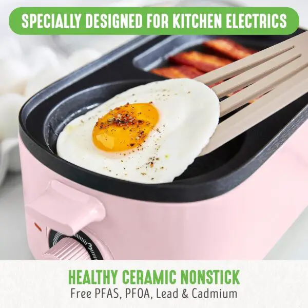 GreenLife 3-in-1 Breakfast Maker Station, Healthy Ceramic Nonstick Dual Griddles for Eggs Meat and Pancakes, 2 Slice Toast Drawer, Easy-to-use Timer, Pink - Image 2