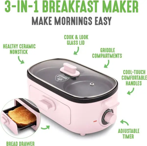 GreenLife 3-in-1 Breakfast Maker Station, Healthy Ceramic Nonstick Dual Griddles for Eggs Meat and Pancakes, 2 Slice Toast Drawer, Easy-to-use Timer, Pink - Image 3