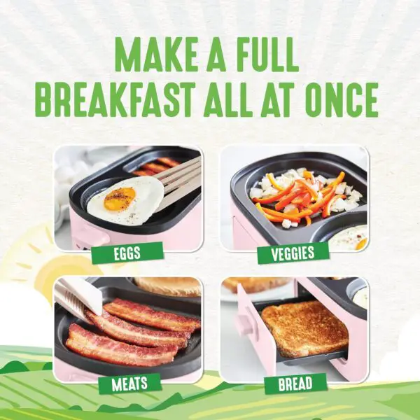 GreenLife 3-in-1 Breakfast Maker Station, Healthy Ceramic Nonstick Dual Griddles for Eggs Meat and Pancakes, 2 Slice Toast Drawer, Easy-to-use Timer, Pink - Image 4