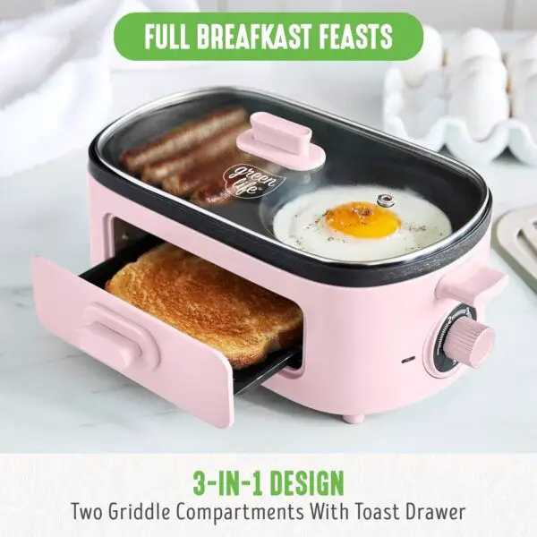 GreenLife 3-in-1 Breakfast Maker Station, Healthy Ceramic Nonstick Dual Griddles for Eggs Meat and Pancakes, 2 Slice Toast Drawer, Easy-to-use Timer, Pink - Image 8