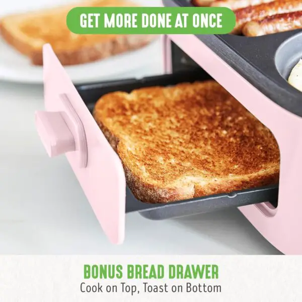 GreenLife 3-in-1 Breakfast Maker Station, Healthy Ceramic Nonstick Dual Griddles for Eggs Meat and Pancakes, 2 Slice Toast Drawer, Easy-to-use Timer, Pink - Image 9