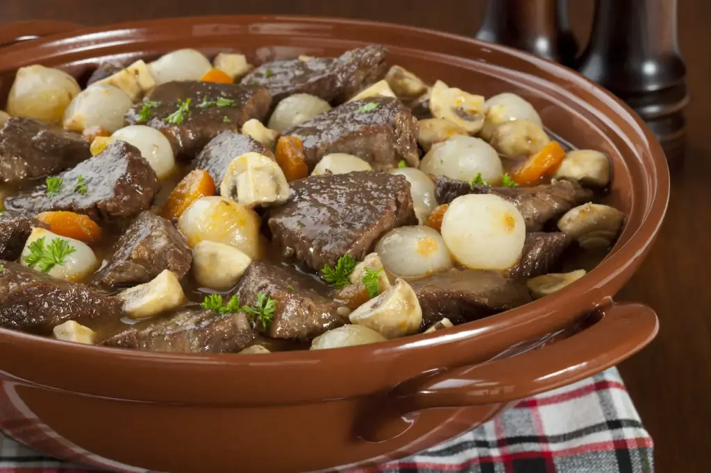 Beef Bourguignon Stew in a Brown Bowl 