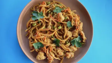 Brown Plate Filled with Chicken and Hokkien Noodles