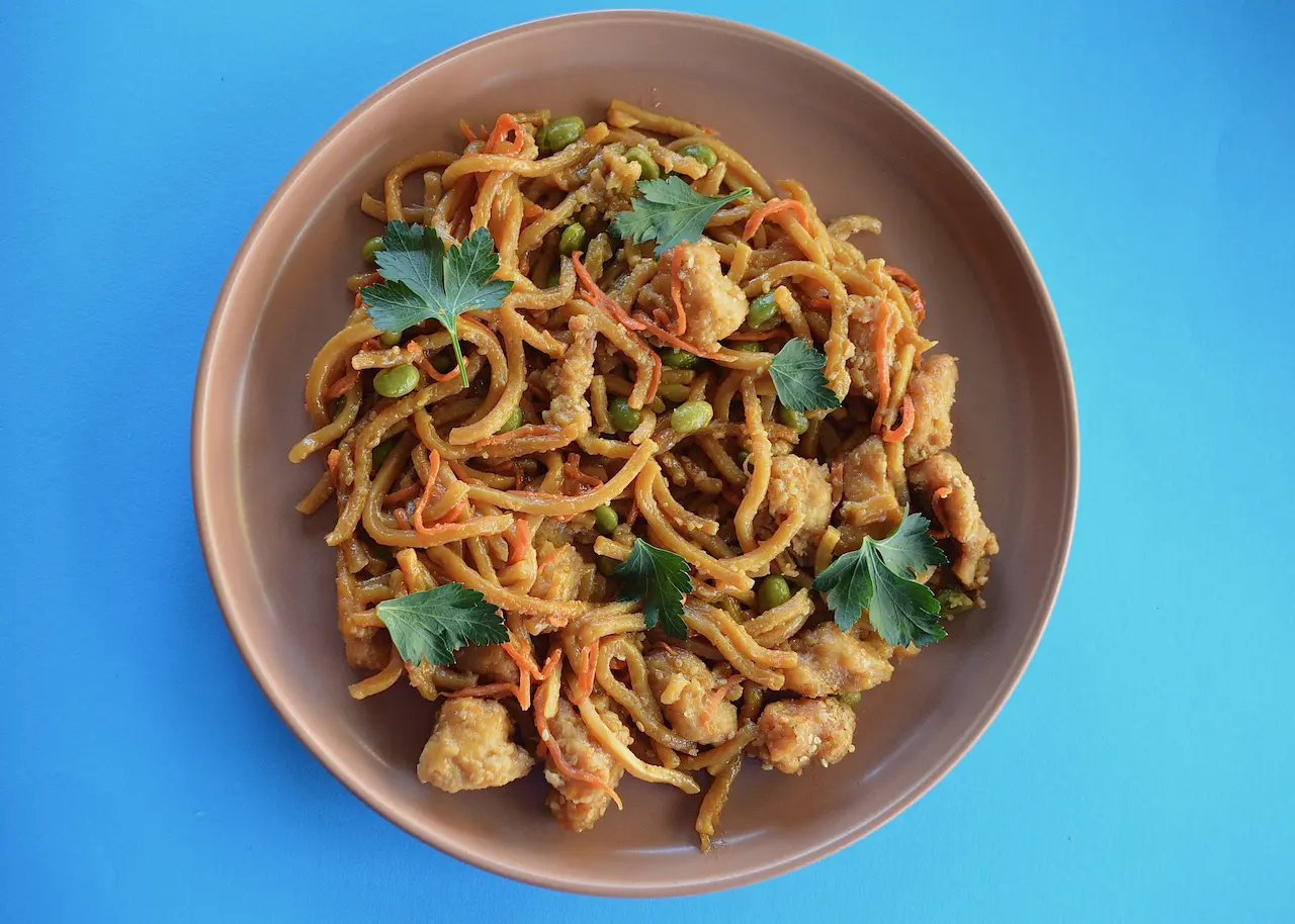 Brown Plate Filled with Chicken and Hokkien Noodles