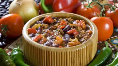 Chilli Con Carne in Wooden Bowl Land Different Vegetables