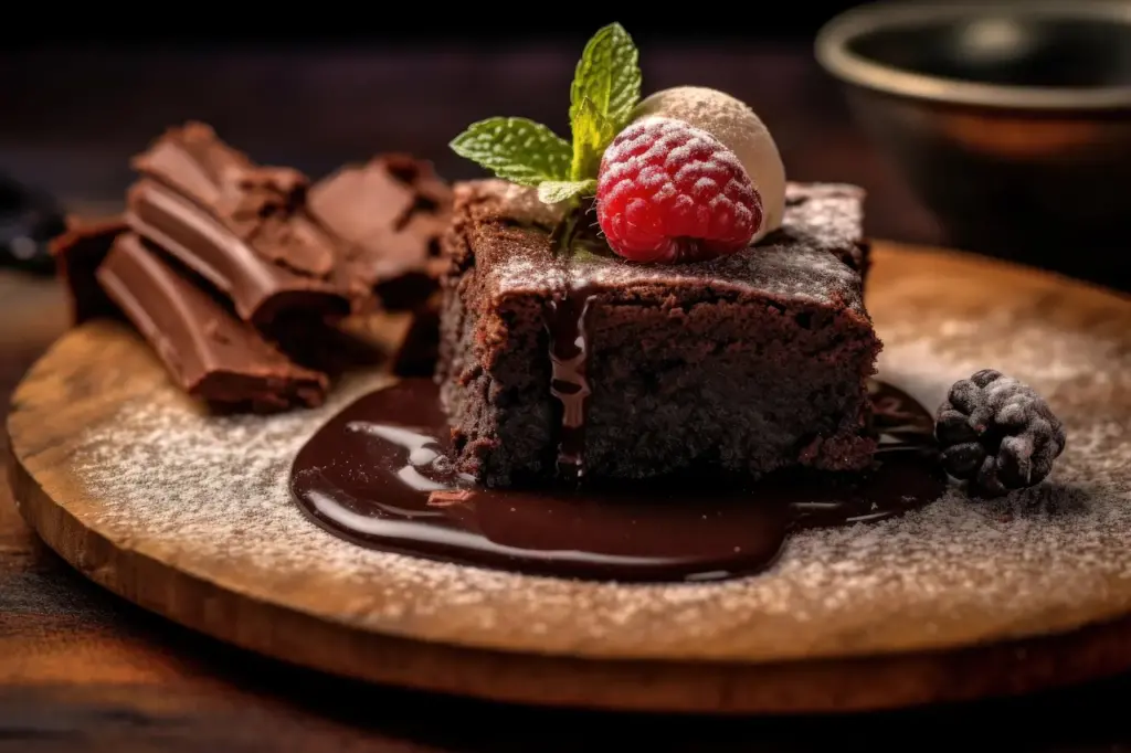 Chocolate Brownie Dessert with Raspberry and Mint Garnish 