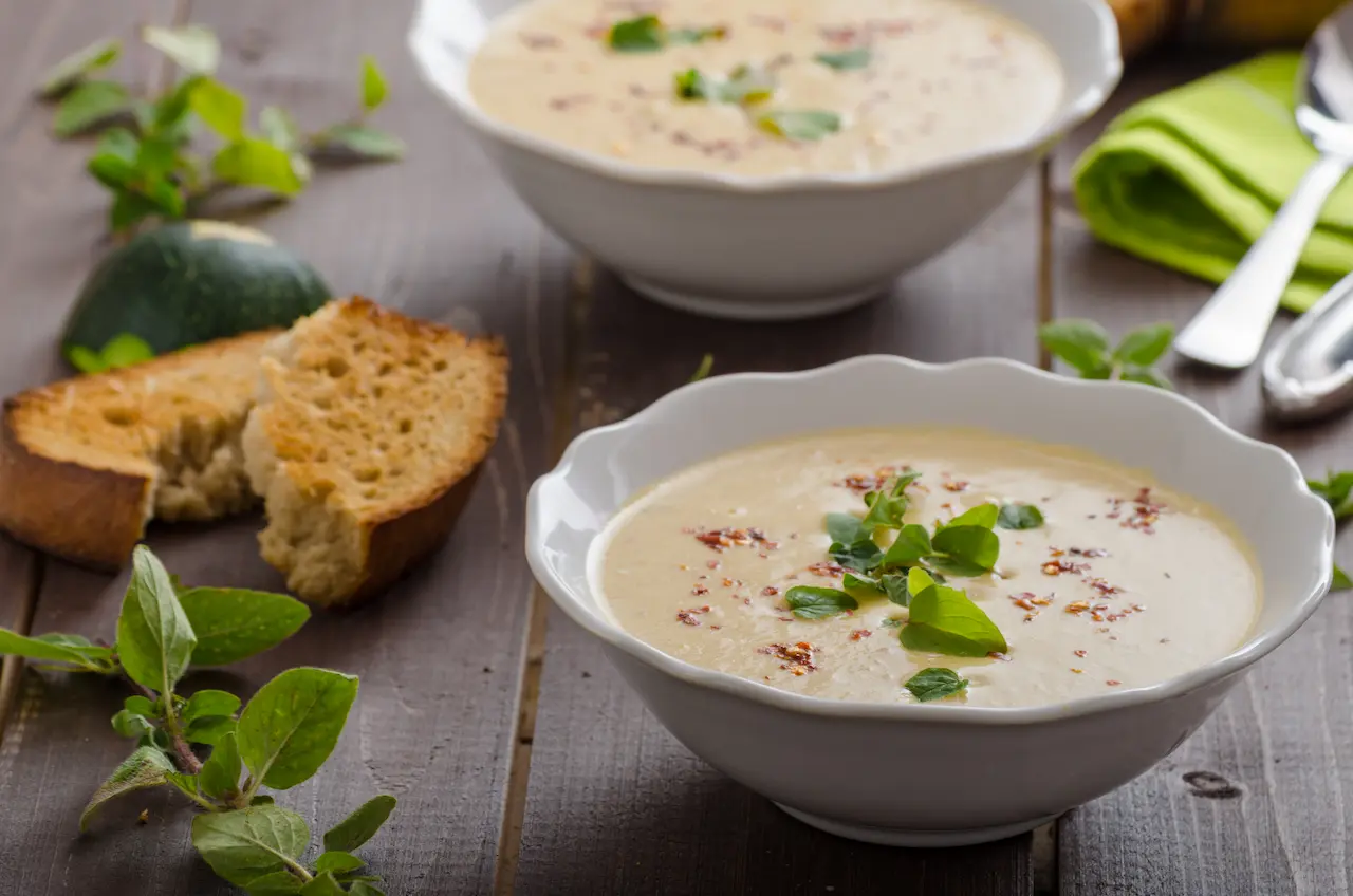 Creamy Zucchini Soup With Chilli and Oregano, Crispy Bread with Garlic
