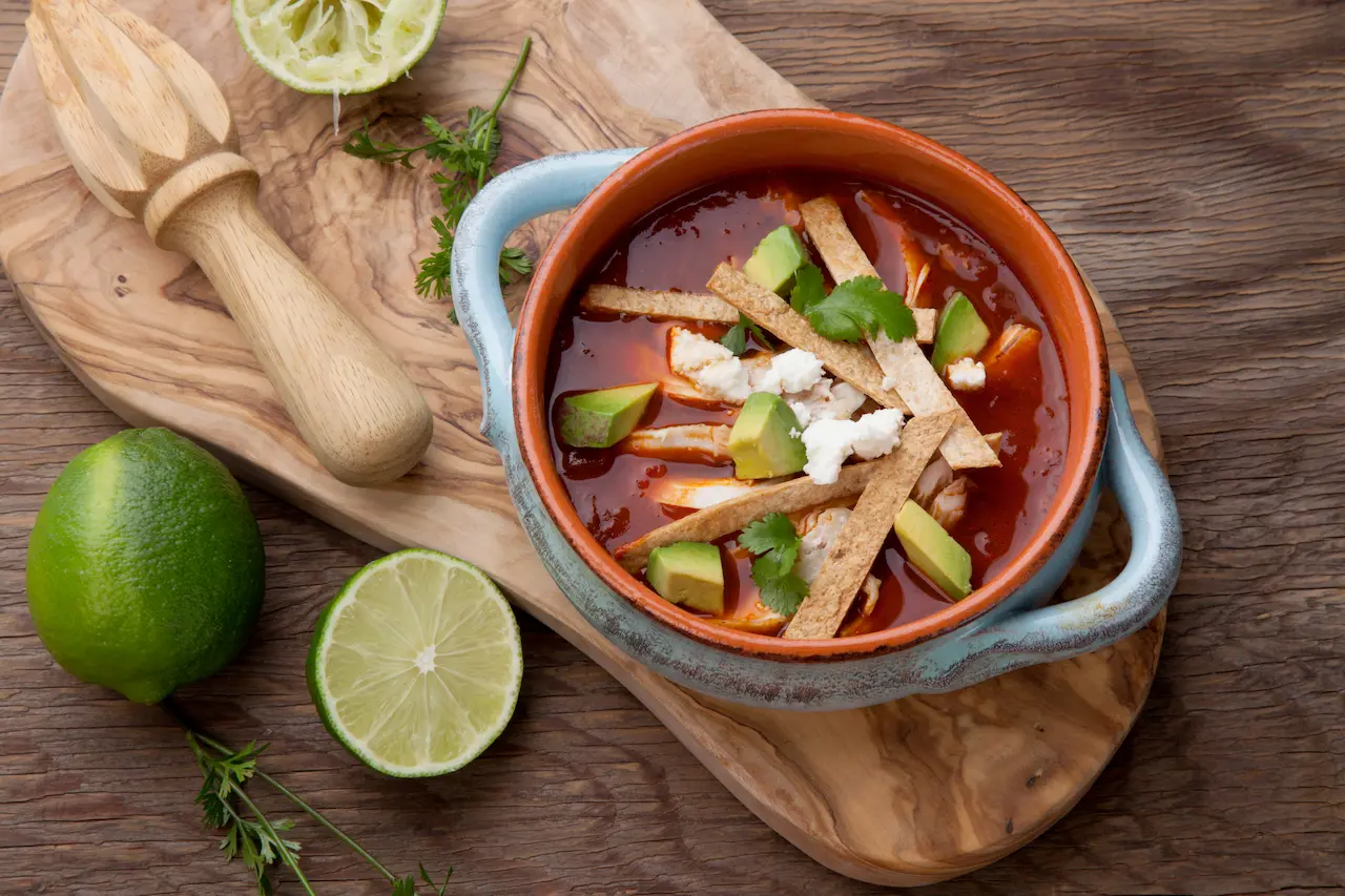 Mexican Chicken Tortilla Soup in Ceramic Bowl