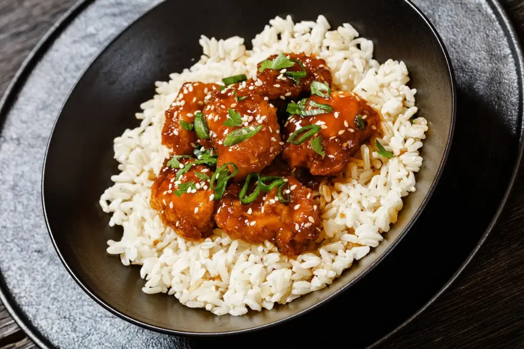 Pressure Cooker Honey Sesame Chicken With Rice on Black Plate