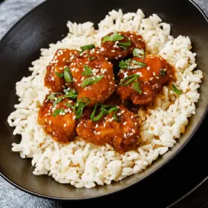 Pressure Cooker Honey Sesame Chicken With Rice on Black Plate