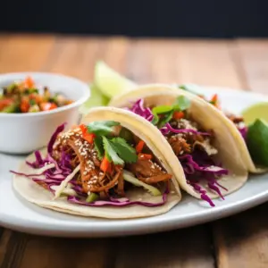 Pulled Pork Tacos on Top of Wooden Table