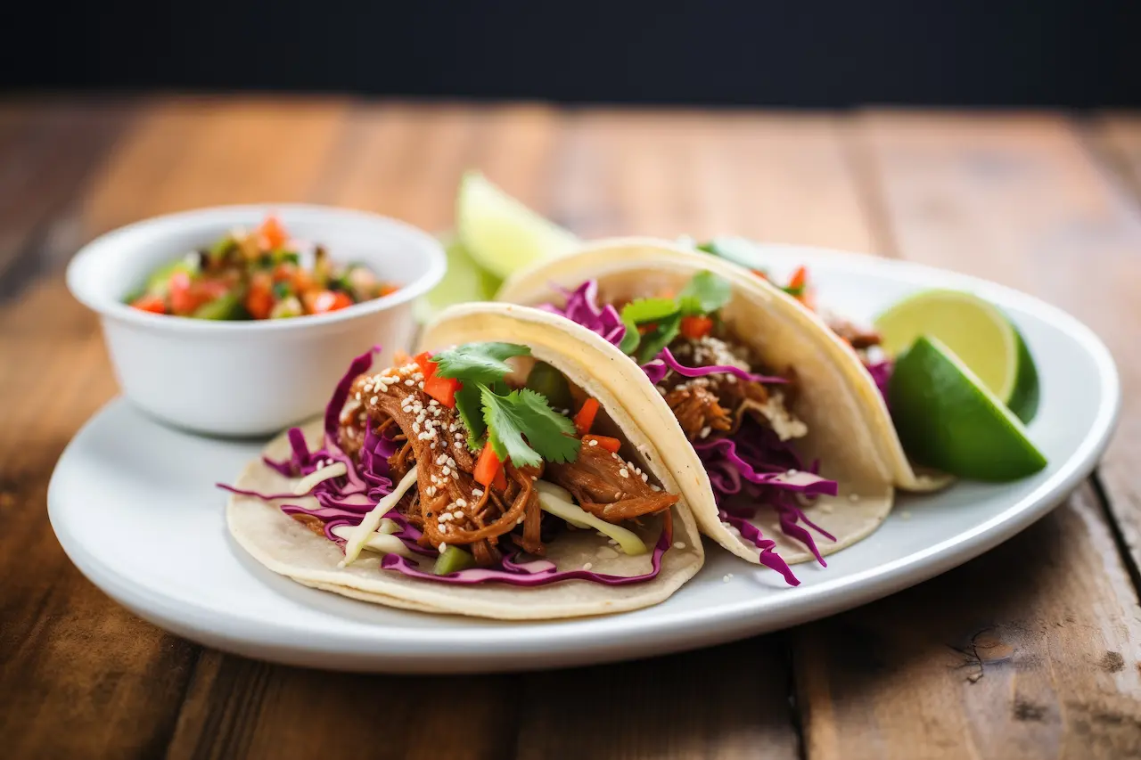 Pulled Pork Tacos on Top of Wooden Table