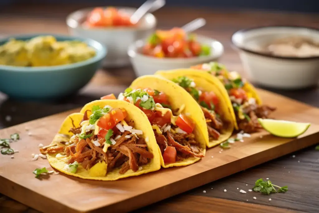 Pulled Pork Tacos On Top Of A Chopping Board