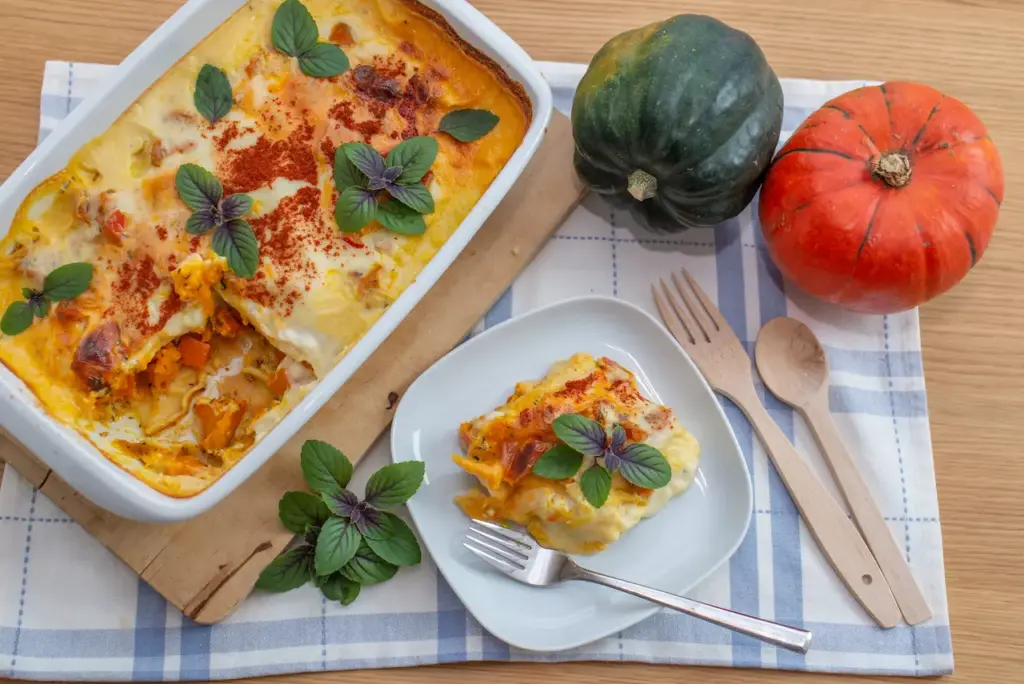 Pumpkin and Ricotta Lasagne on Wooden Table 