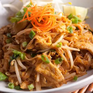Quick Chicken Pad Thai on a White Bowl