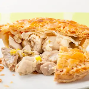 Sauté Pan Chicken & Leek Pie on a White Plate