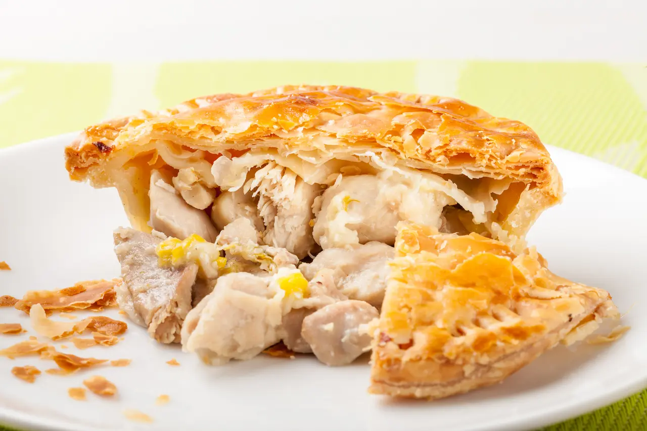 Sauté Pan Chicken & Leek Pie on a White Plate