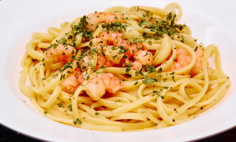 Prawn and Basil Linguine on a Plate