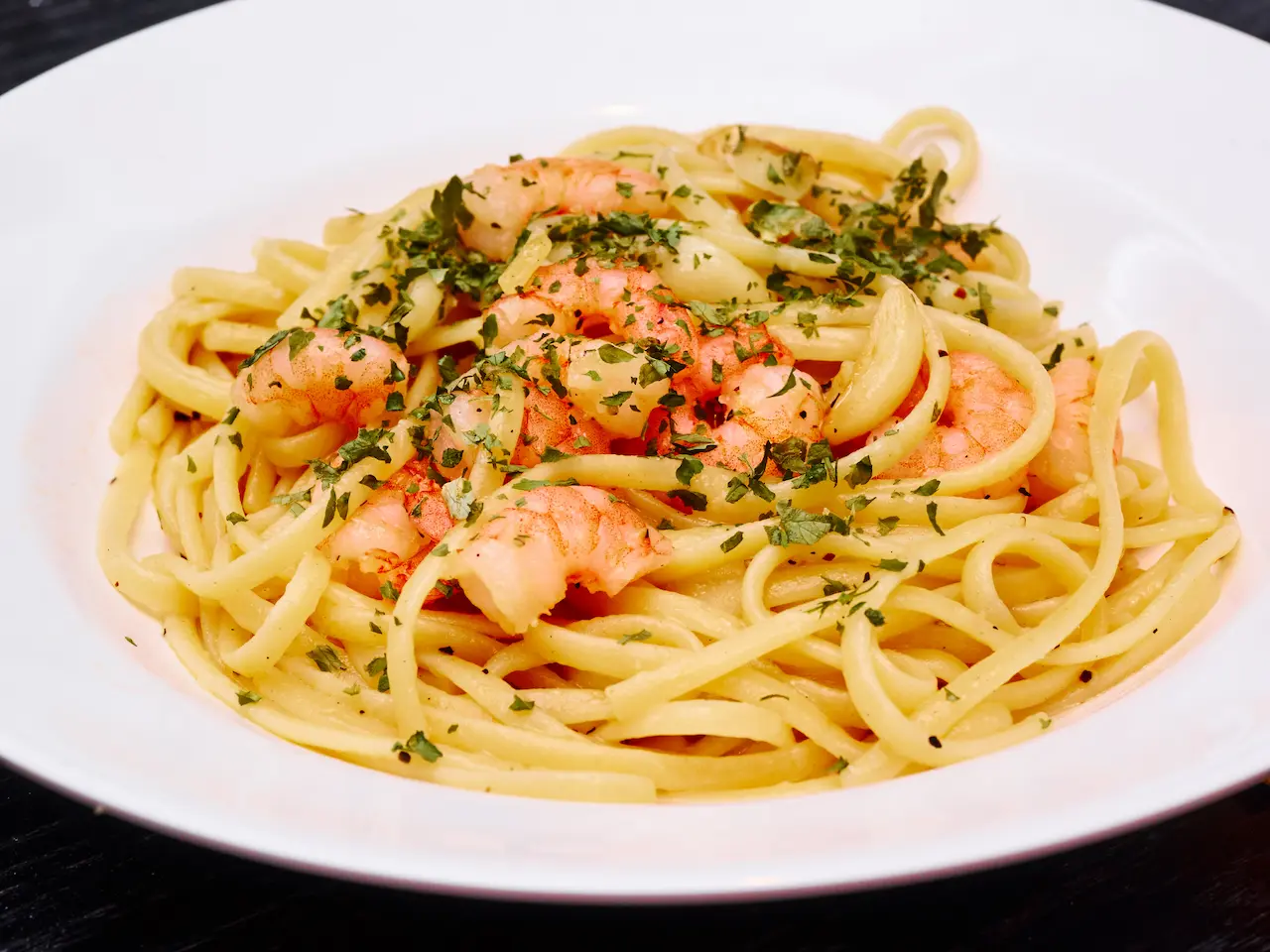 Prawn and Basil Linguine on a Plate