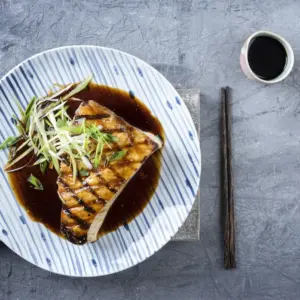 Swordfish with Sticky Soy Sauce on a Plate