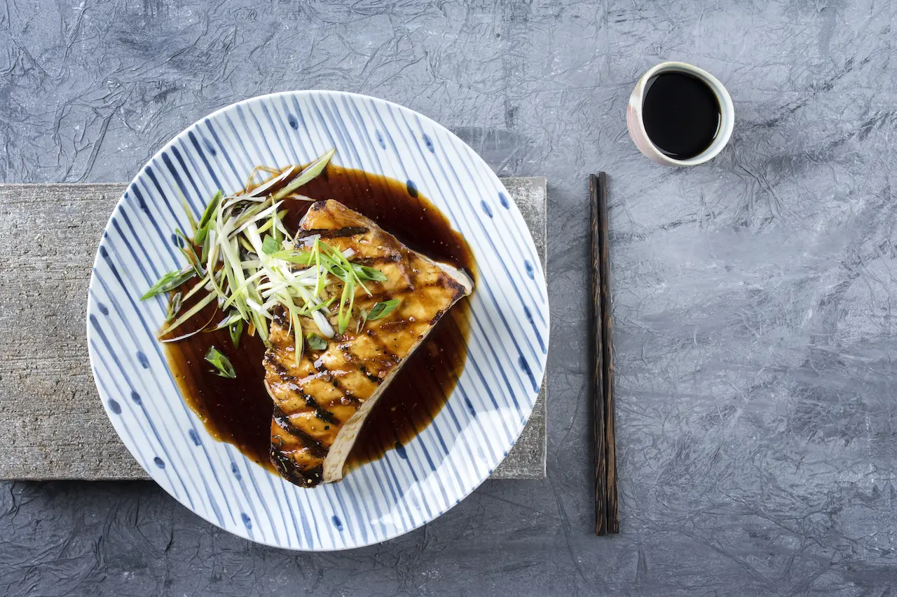 Swordfish with Sticky Soy Sauce on a Plate