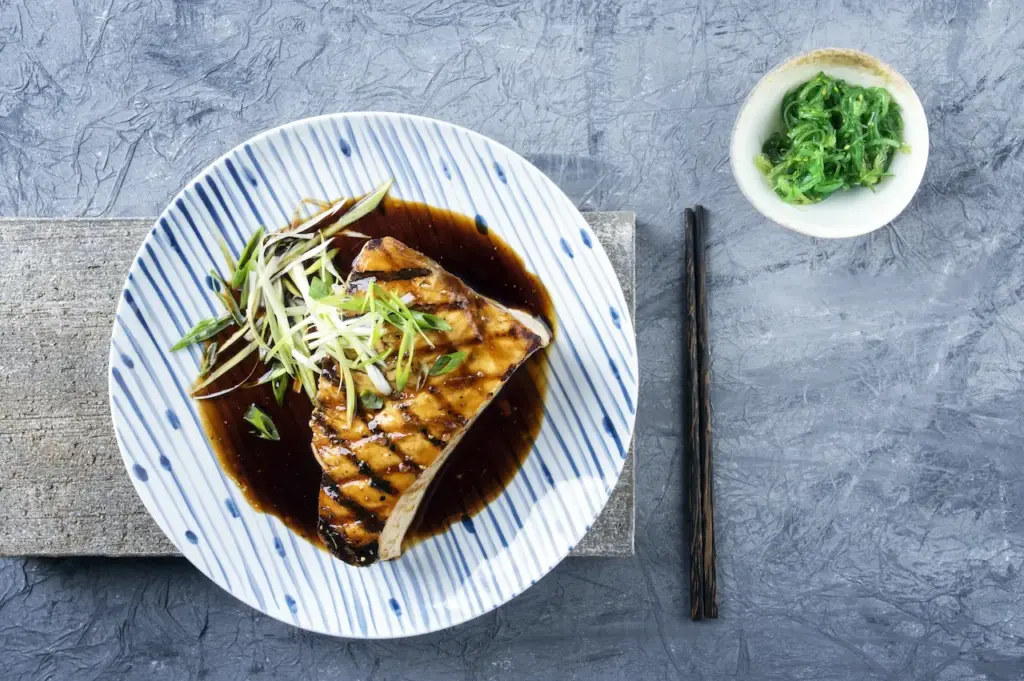 Swordfish with Sticky Soy Sauce on a Plate 